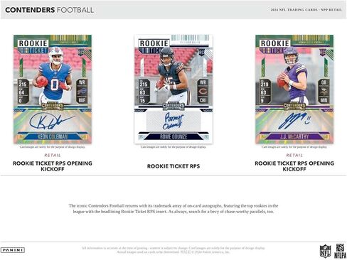 2024 Panini Contenders Football Series Factory Sealed Blaster Box with One Autograph or Rookie Ticket Memorabilia Swatch Plus Seven Inserts or Parallels Per Box Including Exclusive Blue Parallels in Saudi Arabia