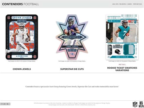 2024 Panini Contenders Football Series Factory Sealed Blaster Box with One Autograph or Rookie Ticket Memorabilia Swatch Plus Seven Inserts or Parallels Per Box Including Exclusive Blue Parallels in Saudi Arabia