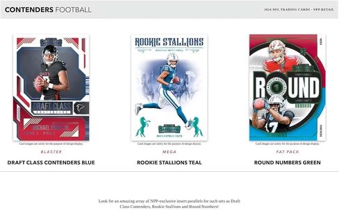 2024 Panini Contenders Football Series Factory Sealed Blaster Box with One Autograph or Rookie Ticket Memorabilia Swatch Plus Seven Inserts or Parallels Per Box Including Exclusive Blue Parallels in Saudi Arabia