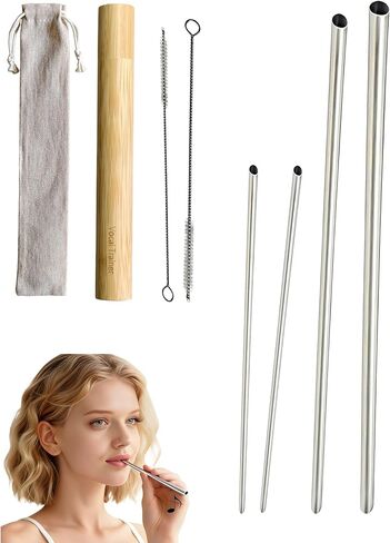 مجموعة أدوات التدريب الصوتي على شكل مصاصة غناء - أداة SOVT مكونة من 4 ماصات معدنية مع فرشاة تنظيف وأنبوب سفر من الخيزران، مدرب صوتي للغناء والتدريب الصوتي/المساعدة العلاجية، محمول للمطربين ومكبرات الصوت والمدربين in Kuwait