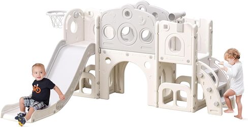 8 in 1 Toddler Slide, Outdoor Indoor Playset for Kids Baby Age 1-3, Childs Climber Slide with Storage Space and Non-Slip Steps, Basketball Hoopa and Telescope, Grey & White in Kuwait
