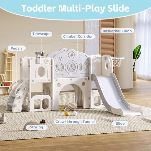 8 in 1 Toddler Slide, Outdoor Indoor Playset for Kids Baby Age 1-3, Childs Climber Slide with Storage Space and Non-Slip Steps, Basketball Hoopa and Telescope, Grey & White in Kuwait