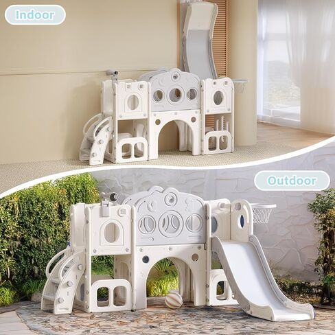 8 in 1 Toddler Slide, Outdoor Indoor Playset for Kids Baby Age 1-3, Childs Climber Slide with Storage Space and Non-Slip Steps, Basketball Hoopa and Telescope, Grey & White in Kuwait