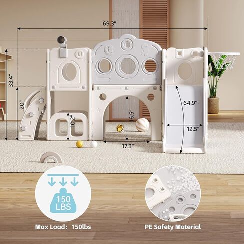 8 in 1 Toddler Slide, Outdoor Indoor Playset for Kids Baby Age 1-3, Childs Climber Slide with Storage Space and Non-Slip Steps, Basketball Hoopa and Telescope, Grey & White in Kuwait