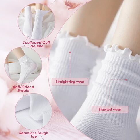 Women's Crew Socks Ruffle Turn-Cuff and Cute Ruffle Ankle Socks Soft Breathable Stretch for Casual Available in 1 2 3 Pairs in Saudi Arabia