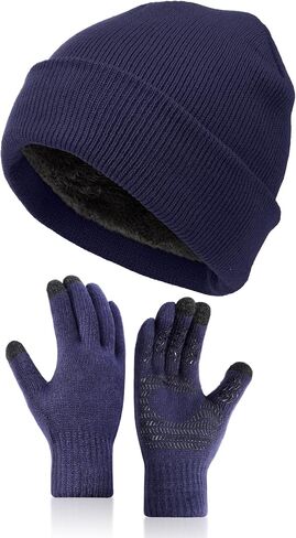 2 Pcs Winter Beanie Hat Touchscreen Gloves Set, Knit Fleece Lined Beanie Skull Cap Gloves for Men and Women in Saudi Arabia