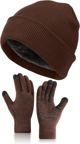 2 Pcs Winter Beanie Hat Touchscreen Gloves Set, Knit Fleece Lined Beanie Skull Cap Gloves for Men and Women in Saudi Arabia