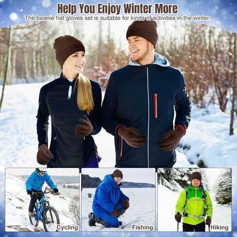 2 Pcs Winter Beanie Hat Touchscreen Gloves Set, Knit Fleece Lined Beanie Skull Cap Gloves for Men and Women in Saudi Arabia