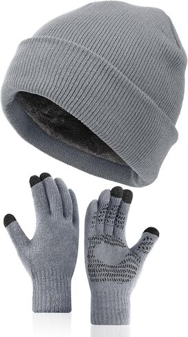 2 Pcs Winter Beanie Hat Touchscreen Gloves Set, Knit Fleece Lined Beanie Skull Cap Gloves for Men and Women in Saudi Arabia