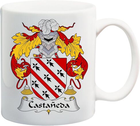 شعار النبالة Castaneda/Castaneda Family Crest 11 أونصة من السيراميك للقهوة/كوب الكاكاو من تصميمات Carpe Diem، صُنع في الولايات المتحدة الأمريكية. in Kuwait