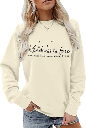 سويت شيرت Kindness Is Free للسيدات، قميص بأكمام طويلة وأقوال ملهمة، بلوفر كاجوال فضفاض in Kuwait