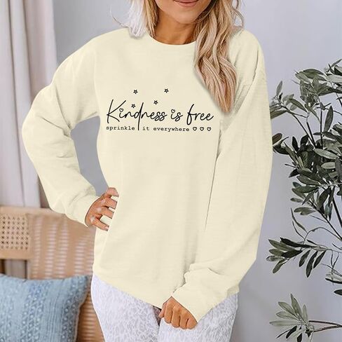 سويت شيرت Kindness Is Free للسيدات، قميص بأكمام طويلة وأقوال ملهمة، بلوفر كاجوال فضفاض in Kuwait