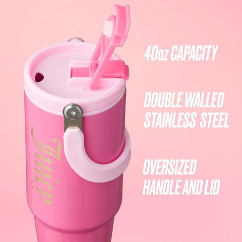 كوب Juicy Couture Flip Fusion Hydration سعة 40 أونصة من الفولاذ المقاوم للصدأ مع مقبض قلاب، وردي فاقع in Kuwait