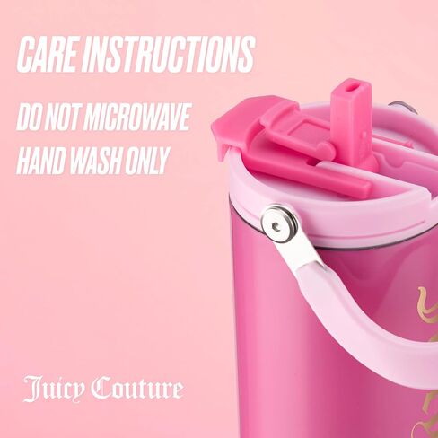 كوب Juicy Couture Flip Fusion Hydration سعة 40 أونصة من الفولاذ المقاوم للصدأ مع مقبض قلاب، وردي فاقع in Kuwait