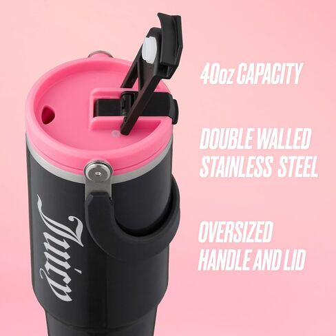 Juicy Couture Flip Fusion Hydration 40oz Stainless Steel Tumbler with Flip Handle, Hot Pink in Saudi Arabia