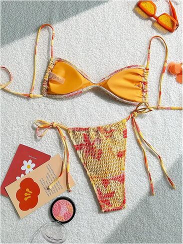 SOLY HUX Women's Triangle Bikini Set Textured Smocked String Swimsuit Boho Two Piece Bathing Suit in Saudi Arabia