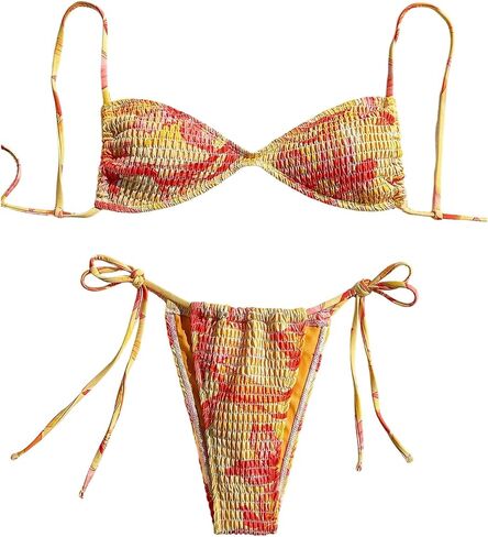 SOLY HUX Women's Triangle Bikini Set Textured Smocked String Swimsuit Boho Two Piece Bathing Suit in Saudi Arabia