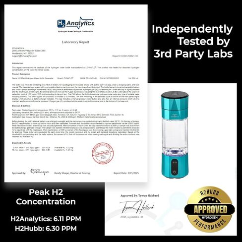 مولد زجاجة مياه هيدروجين H2-Max مع غشاء SPE/PEM، تم اختباره في مختبر الولايات المتحدة من قبل طرف ثالث (6.1 جزء في المليون)، سعة محمولة 7 أونصة in Kuwait