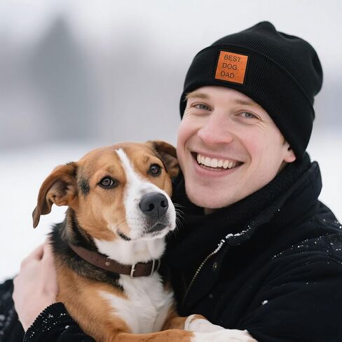 Dog Dad Beanie Hat, Soft Winter Cap for Dad of Dogs, Leather Patch Gift for Pet Lovers, Stretchy Beanie for Men in Saudi Arabia