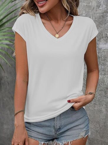 Women's Summer Tank Tops Casual Spring V Neck T Shirts Cap Sleeve Trendy Beach Vacation Clothes Basic Tees in Saudi Arabia