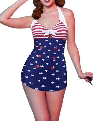 Ekouaer Womens One Piece Swimsuits Vintage Striped Skirt Bathing Suit Vintage Retro Push Up Swimwear USA Flag in Saudi Arabia