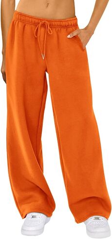 Mxiqqpltky واسعة الساق Sweatpants النساء الخريف الرباط مرونة الخصر مستقيم فضفاض بنطلون طويل وواسع ركض السببية مع جيوب in Kuwait