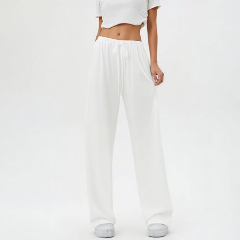 Mxiqqpltky واسعة الساق Sweatpants النساء الخريف الرباط مرونة الخصر مستقيم فضفاض بنطلون طويل وواسع ركض السببية مع جيوب in Kuwait