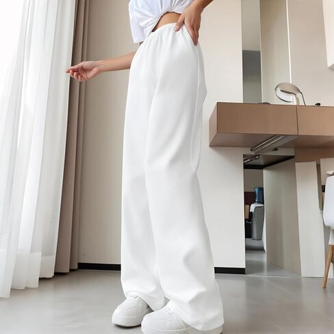 Mxiqqpltky واسعة الساق Sweatpants النساء الخريف الرباط مرونة الخصر مستقيم فضفاض بنطلون طويل وواسع ركض السببية مع جيوب in Kuwait