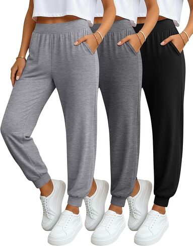 3 Pack Women's Yoga Joggers, Cozy Lounge Pants with Pockets Gym Athletic Loose Sweatpants Comfy Cuffed Pants in Kuwait