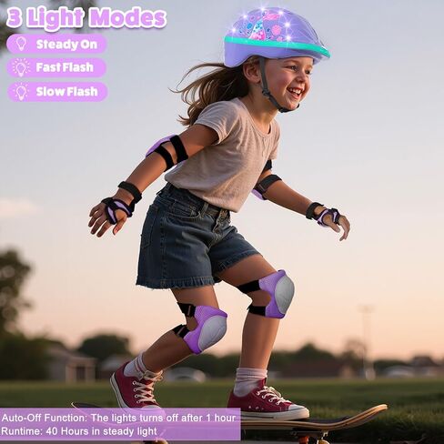 خوذة طفل صغير، خوذة أطفال مع أضواء LED، خوذات الدراجة مع منصات الركبة طفل صغير ومنصات الكوع مجموعة للأطفال 3-5-8 الفتيات دراجة سكوتر خوذات لوح التزلج in Kuwait