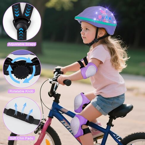 خوذة طفل صغير، خوذة أطفال مع أضواء LED، خوذات الدراجة مع منصات الركبة طفل صغير ومنصات الكوع مجموعة للأطفال 3-5-8 الفتيات دراجة سكوتر خوذات لوح التزلج in Kuwait