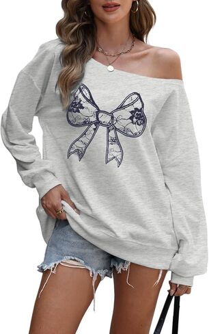 Womens Off Shoulder Sweatshirt Cute Bow Graphic Sweatshirts Coquette Aesthetic Long Sleeve Shirt Pullover Tops in Saudi Arabia