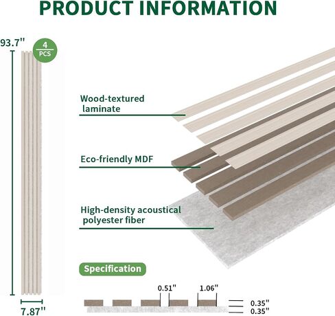4 Panel Wood Slat Acoustic Panel 94" x8" for Sound Absorbing, Soundproof Wood Slat Panel Cover 21 Sq.Ft, 3D Fluted Sound Absorbing Paneling for Wall Decor, Living Room, Bedroom, White Oak in Saudi Arabia