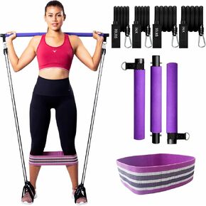 Pilates Bar Kit with Strong Stainless Steel Bar, 4 Black Latex Resistance Bands and Foot Straps, Portable & Detachable for Home Workout & Physical Therapy in Saudi Arabia