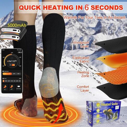 جوارب ساخنة مع التحكم في التطبيق 5000 مللي أمبير * 2 جوارب تسخين كهربائية قابلة لإعادة الشحن للرجال والنساء حتى 9 ساعات جوارب دافئة قابلة للغسل للعمل في الهواء الطلق والتزلج والصيد وركوب الدراجات والمشي لمسافات طويلة وهدايا التخييم in Kuwait