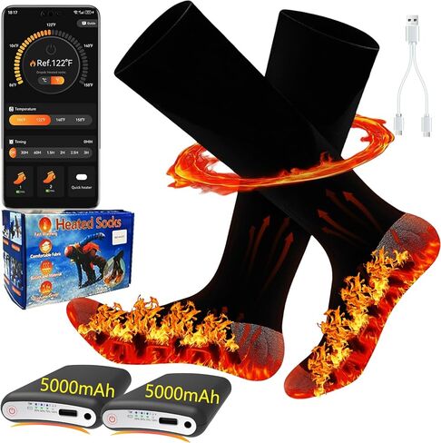 جوارب ساخنة مع التحكم في التطبيق 5000 مللي أمبير * 2 جوارب تسخين كهربائية قابلة لإعادة الشحن للرجال والنساء حتى 9 ساعات جوارب دافئة قابلة للغسل للعمل في الهواء الطلق والتزلج والصيد وركوب الدراجات والمشي لمسافات طويلة وهدايا التخييم in Kuwait