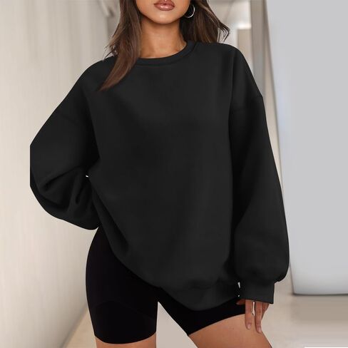 Women's Oversized Fleece Pullover - Crewneck Sweater, Soft Winter Comfort(Black M) in Saudi Arabia