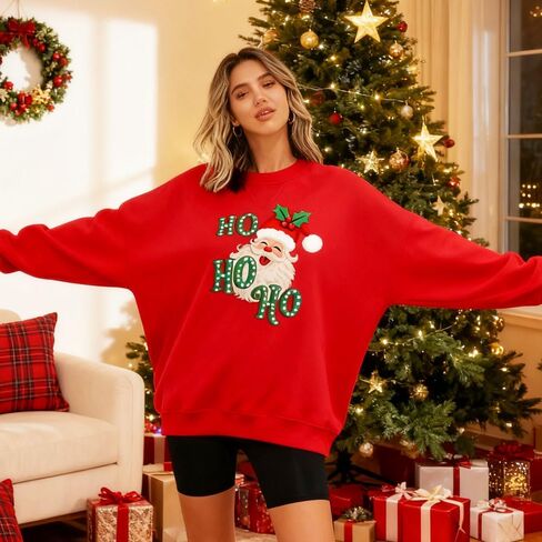 Womens Christmas Santa Sweatshirt Funny Claus Graphic Oversized Holiday Sweater Long Sleeve Fleece Winter Tops in Saudi Arabia
