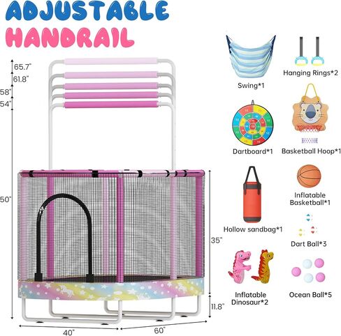 Lamerge Kids Trampoline, Indoor Trampoline Approved by ASTM, Safety Enclosure Net and Adjustable Handrail, 1-8 Children, 500lbs Capacity, 7-in-1, 60" in Saudi Arabia