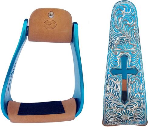 CHALLENGER Horse Western Turquoise Aluminium Engraved Cross Cut-Out Angled Stirrups 51211SL in Saudi Arabia