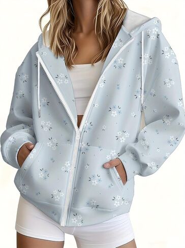 Women's Christmas Floral Hooded Sweatshirt Zip Up Coat Casual Long Sleeve Pullover Elegant Streetwear Winter Top in Saudi Arabia