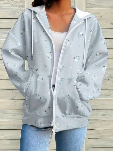 Women's Christmas Floral Hooded Sweatshirt Zip Up Coat Casual Long Sleeve Pullover Elegant Streetwear Winter Top in Saudi Arabia