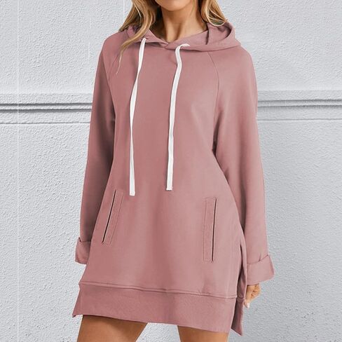 The Warmy Oversized Hoodie Dress Casual Long Sleeve Split Hem Drawstring Sweatshirt Comfrt Pullover with Pocket in Saudi Arabia