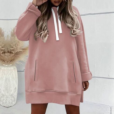 The Warmy Oversized Hoodie Dress Casual Long Sleeve Split Hem Drawstring Sweatshirt Comfrt Pullover with Pocket in Saudi Arabia