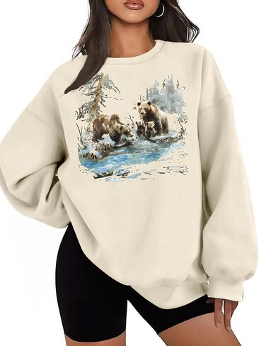 NEWWEN Deer Wilderness Scene Vintage Sweatshirt Women Oversized Nature Camp Shirt Animal Print Outfits Wildlife Winter Tops in Kuwait