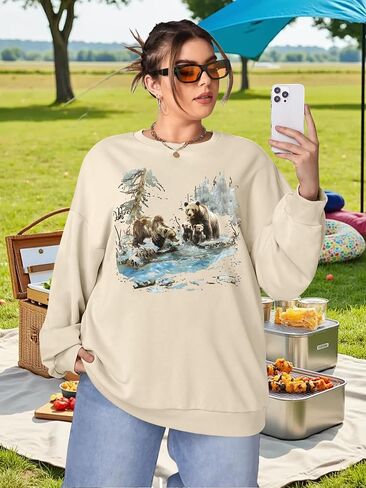 NEWWEN Deer Wilderness Scene Vintage Sweatshirt Women Oversized Nature Camp Shirt Animal Print Outfits Wildlife Winter Tops in Kuwait