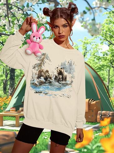 NEWWEN Deer Wilderness Scene Vintage Sweatshirt Women Oversized Nature Camp Shirt Animal Print Outfits Wildlife Winter Tops in Kuwait