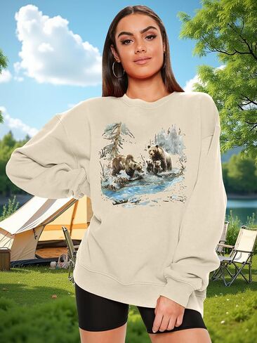 NEWWEN Deer Wilderness Scene Vintage Sweatshirt Women Oversized Nature Camp Shirt Animal Print Outfits Wildlife Winter Tops in Kuwait