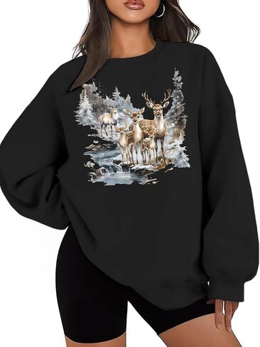 NEWWEN Deer Wilderness Scene Vintage Sweatshirt Women Oversized Nature Camp Shirt Animal Print Outfits Wildlife Winter Tops in Kuwait