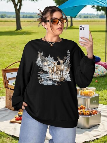 NEWWEN Deer Wilderness Scene Vintage Sweatshirt Women Oversized Nature Camp Shirt Animal Print Outfits Wildlife Winter Tops in Kuwait
